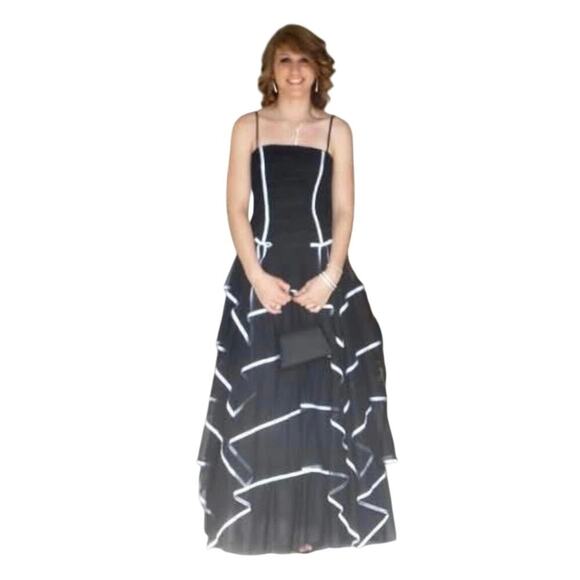 Blondie Nites VTG black white formal dress ruched bodice tier tulle skirt sz 3 - Picture 7 of 14